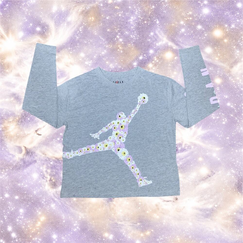 Jordan Girls XL 13-15 Gray Floral Jumpman Long Sleeve Shirt Graphic Tee